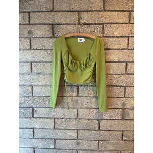 Princess Polly Green Ribbed Long-Sleeve Ruched Crop Top Size S